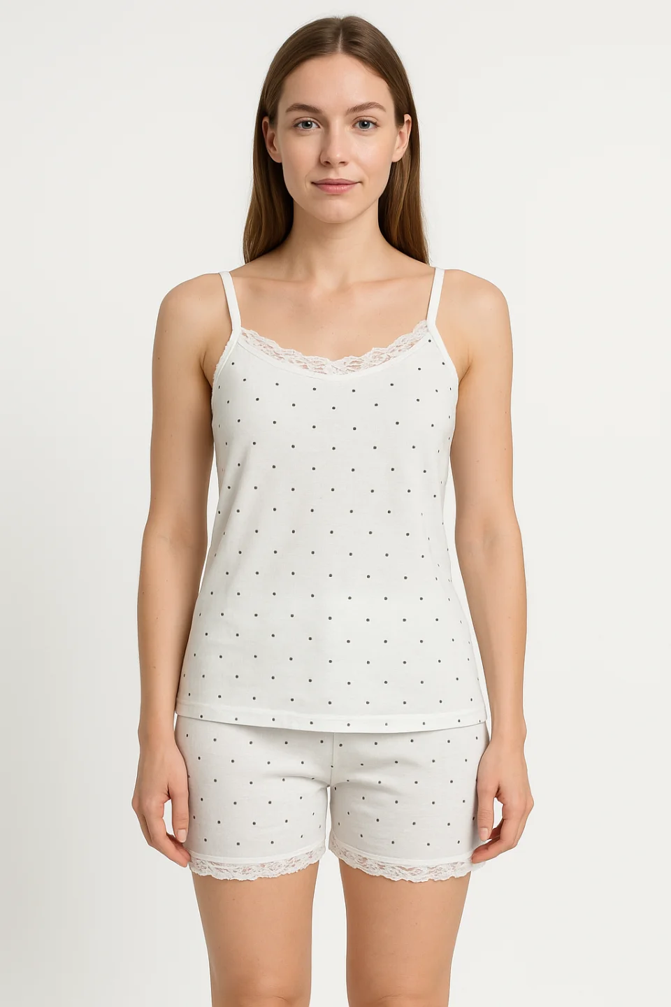 Pijama damă maiou și short – bretele subțiri, dantelă delicată, croială lejeră, imprimeu cu puncte negre