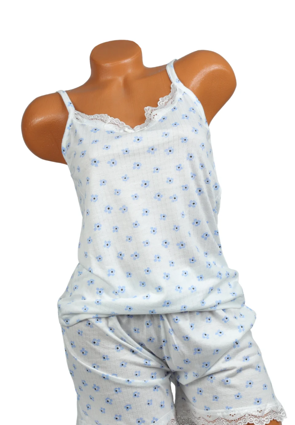 Pijama damă maiou și short – bretele subțiri, dantelă delicată, croială lejeră, imprimeu cu flori albastre