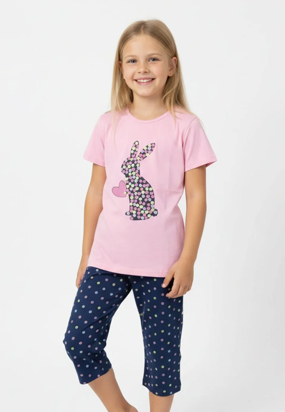 Pijama fete Paște, Roz – tricou bumbac 100% și pantaloni 3/4