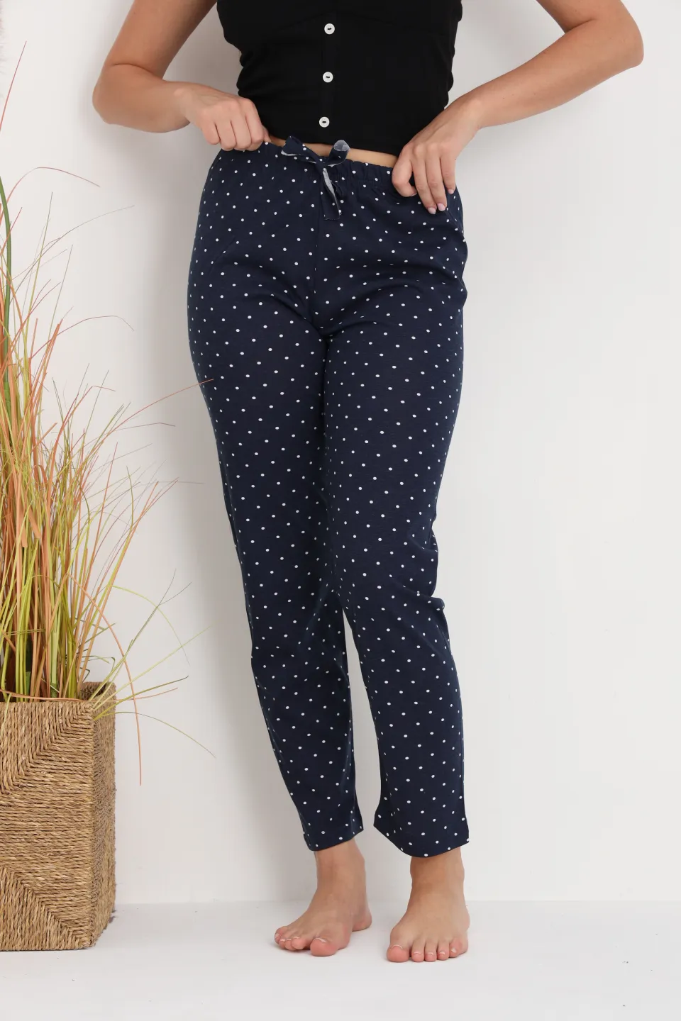 Pantaloni de pijama damă bleumarin cu puncte albe