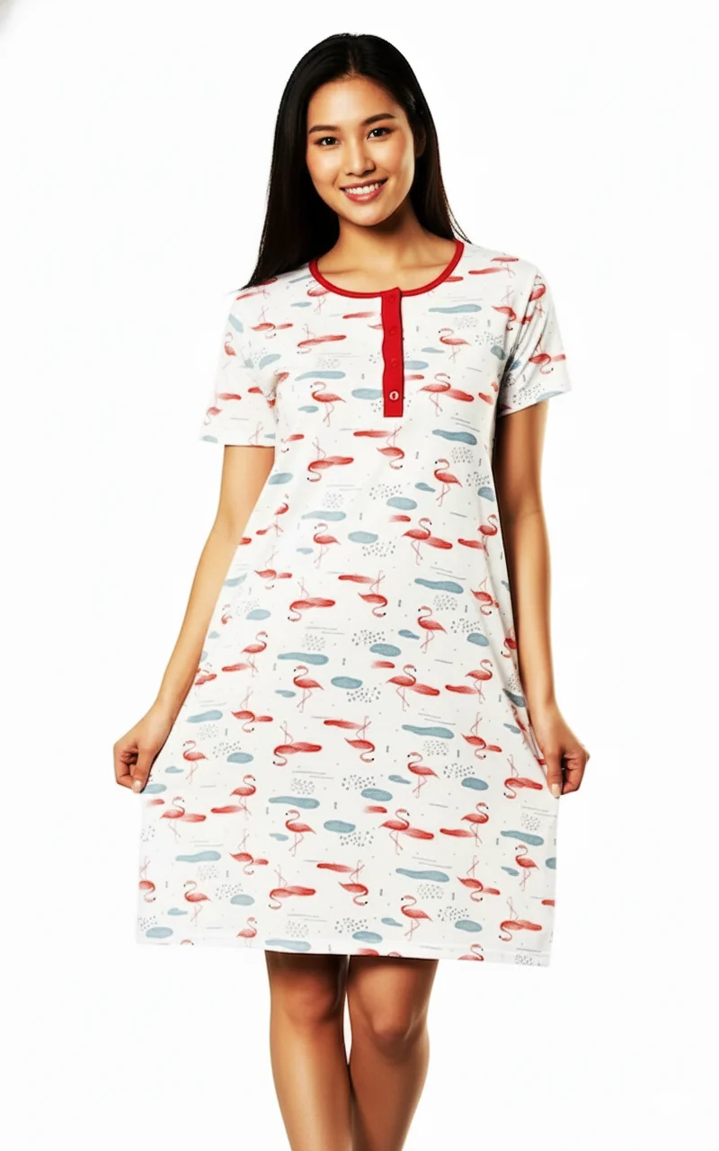 Rochie dama din bumbac, imprimeu flamingo, maneca scurta pana la genunchi