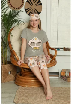 Pijama Dama din Bumbac – Set cu Tricou „I Love Pizza” și Pantaloni 3/4, Masca de Dormit, gri