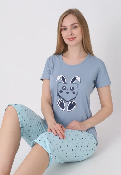 Pijama damă cu model de Paște, gri – tricou bumbac și pantaloni 3/4