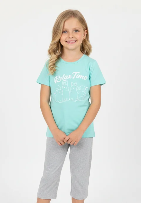 Pijama fete Paște, Verde – tricou bumbac 100% și pantaloni 3/4