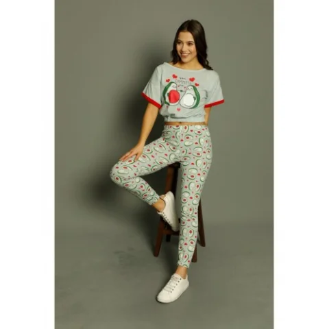 Pijama damă, cu mânecă scurtă  și pantaloni lungi din bumbac, imprimeu ,,You Complete Me''