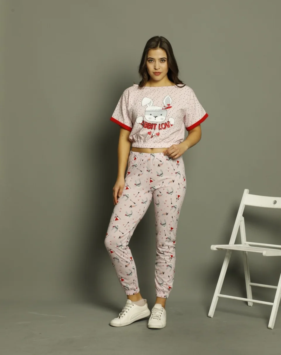 Pijama damă, cu mânecă scurtă  și pantaloni lungi din bumbac, imprimeu Rabbit Love