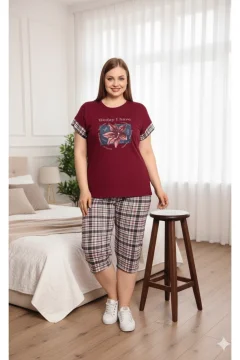 Pijama dama din bumbac Big Size cu imprimeu ,,Today I Have'', tricou si pantaloni 3/4, rosu