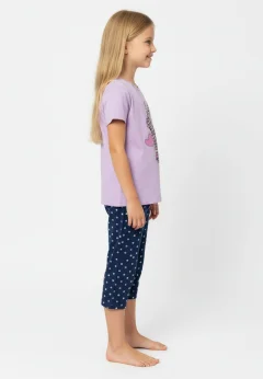 Pijama fete Paște, Mov – tricou bumbac 100% și pantaloni 3/4
