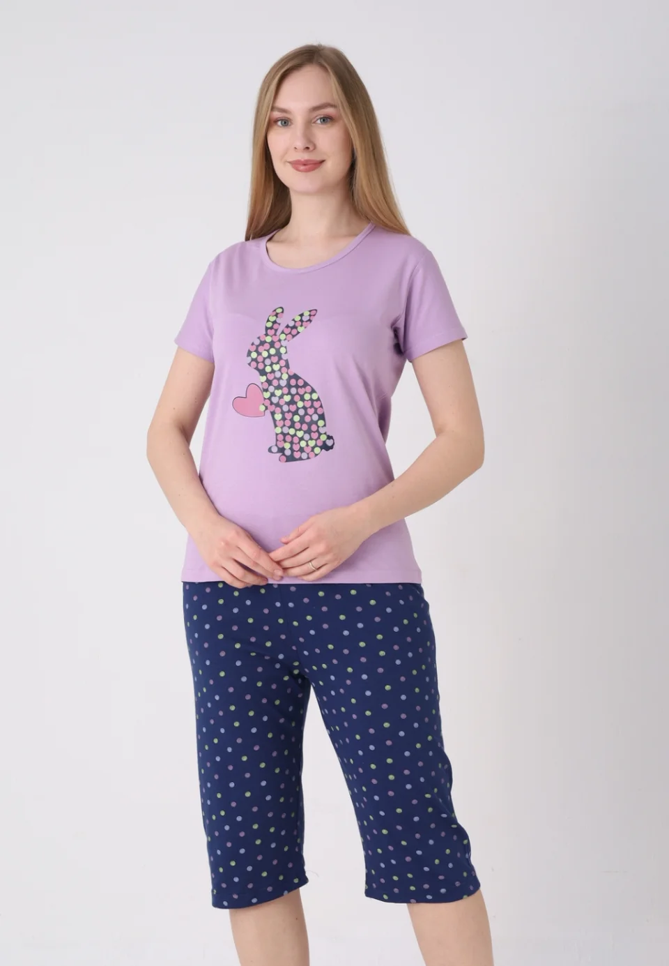 Pijama damă cu model de Paște, mov – tricou bumbac și pantaloni 3/4