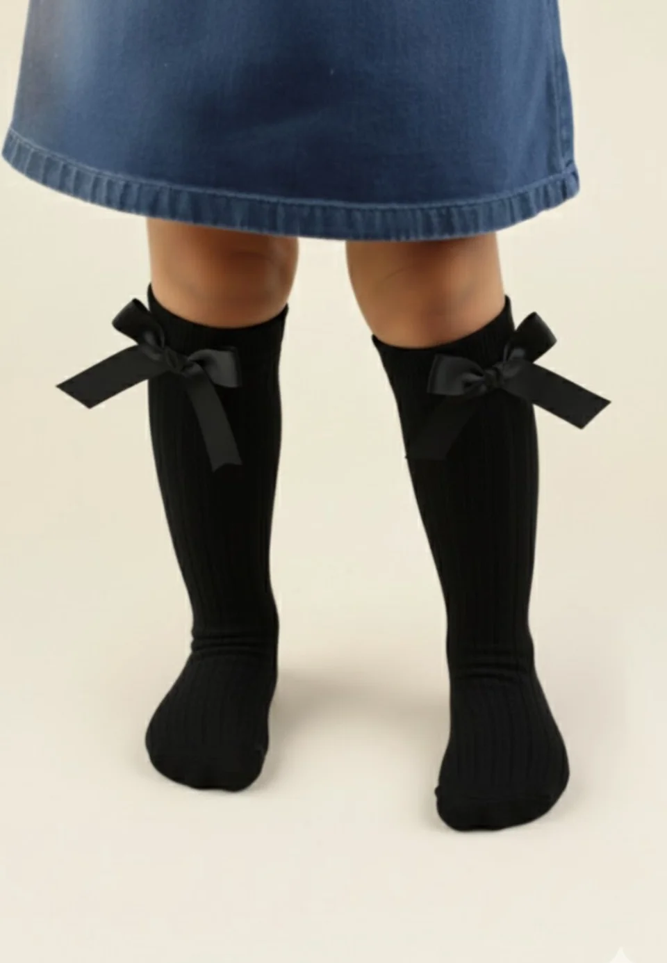 Șosete fetițe 3/4, bumbac, cu fundiță decorativă- culoare negru