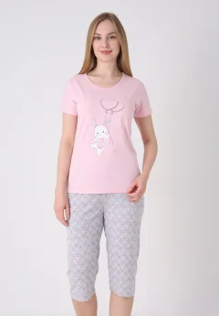 Pijama damă cu model de Paște, roz deschis – tricou bumbac și pantaloni 3/4