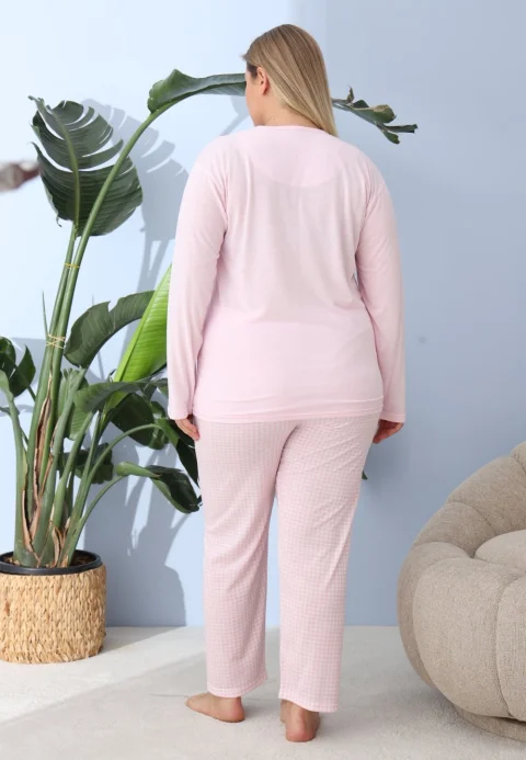 Pijama damă big size roz deschis, imprimeu Winter Vibes, 100% bumbac