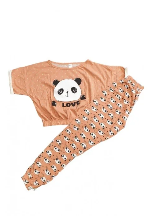 Pijama dama din bumbac Serena cu imprimeu ursulet, maneca scurta si pantaloni lungi