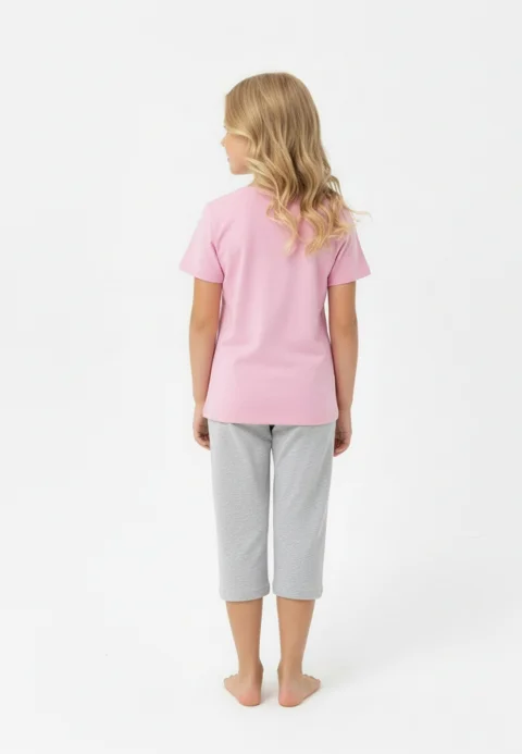 Pijama fete Paște, Roz – tricou bumbac 100% și pantaloni 3/4