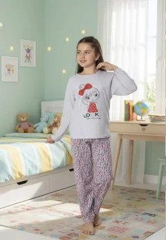 Pijama Fete, Mânecă Lungă, Imprimeu Looks, gri