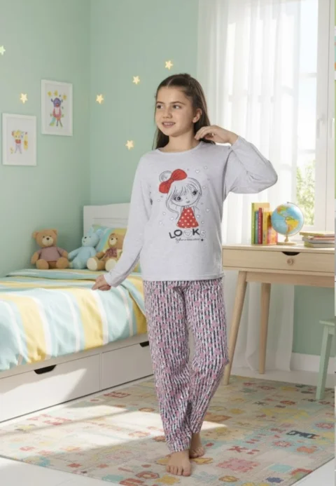 Pijama Fete, Mânecă Lungă, Imprimeu Looks, gri