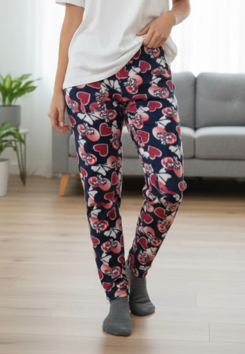 Pantaloni damă din polar bleumarin cu inimioare și fluturi