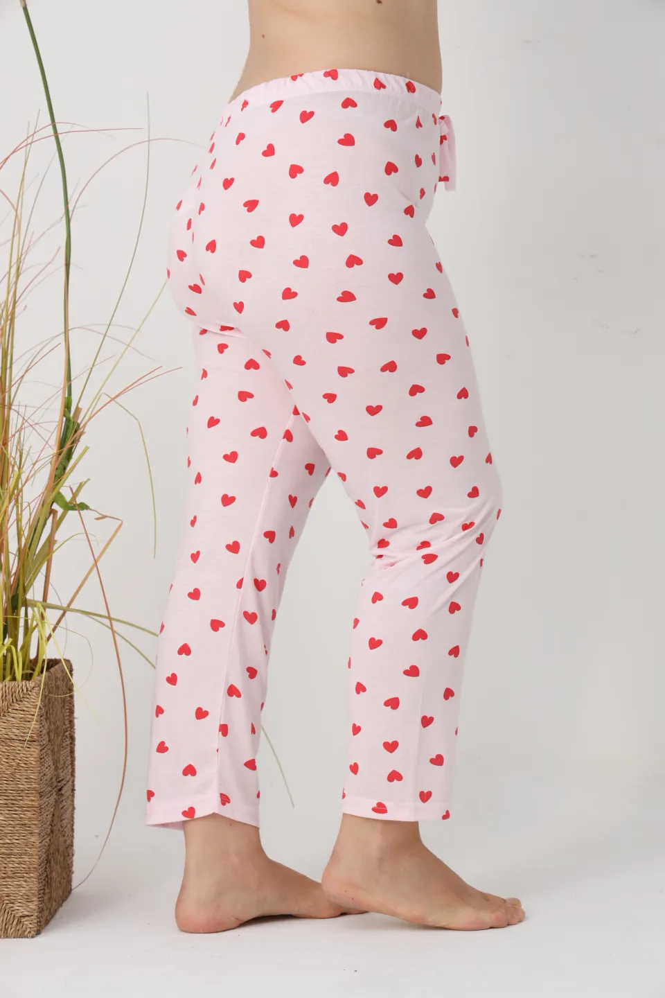 Pantaloni de pijama damă Big Size, roz cu inimioare roșii