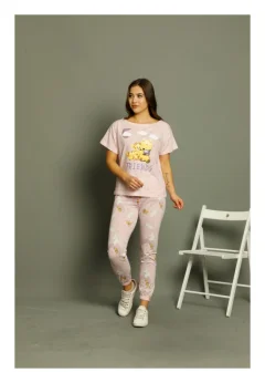 Pijama dama din bumbac Serena cu imprimeu ,,Friends'', maneca scurta si pantaloni lungi