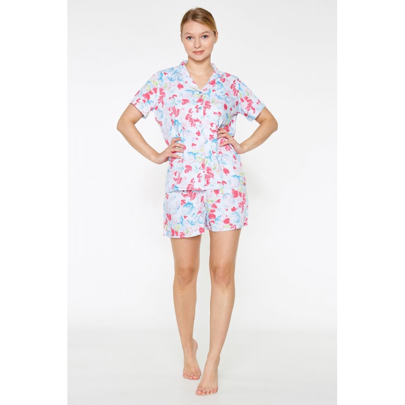 Pijama damă cu bluză cu mânecă scurtă și pantaloni scurți, imprimeu colorat cu petale