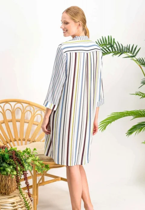 Rochie damă până la genunchi cu guler clasic și mânecă 3/4, model în dungi multicolore