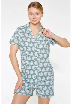 Pijama Dama din Viscoză – Bluza cu Mâneci Scurte și Pantaloni Scurți cu Elastic în Talie, Imprimeu Papadie, Verde