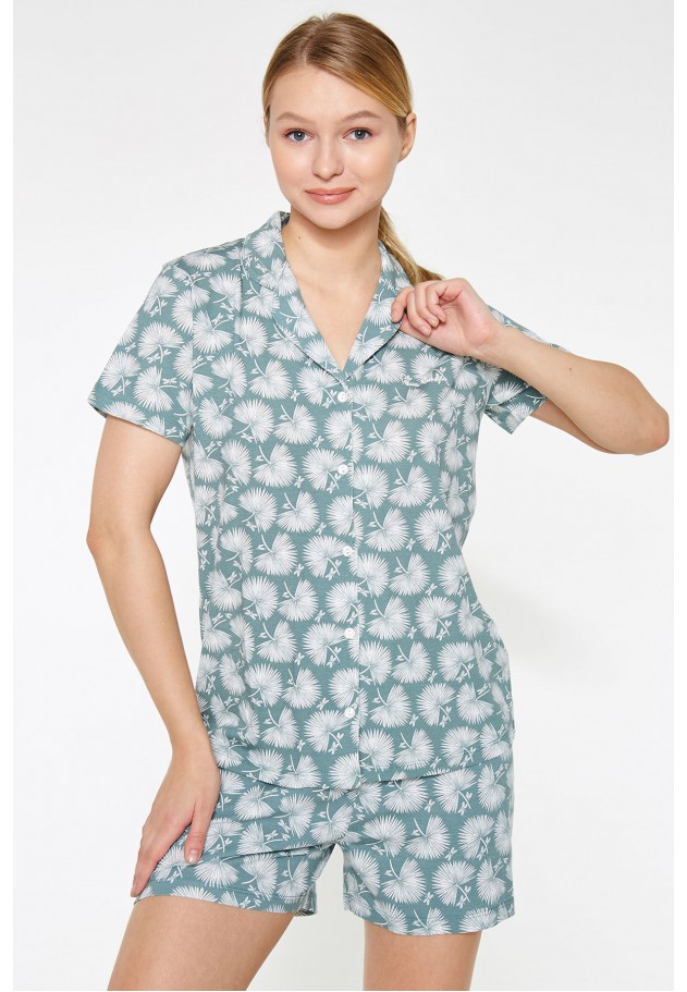 Pijama Dama din Viscoză – Bluza cu Mâneci Scurte și Pantaloni Scurți cu Elastic în Talie, Imprimeu Papadie, Verde