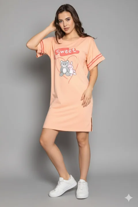 Rochie casual damă cu mânecă scurtă, până la genunchi, imprimeu Sweet, portocaliu