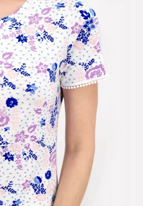 Rochie damă cu mânecă scurtă și aplicație din dantelă, cu imprimeu floral și lungime 3/4