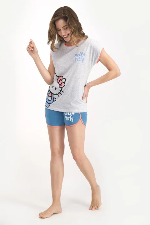 Pijama damă Hello Kitty gri-albastru din bumbac