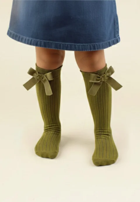 Șosete fetițe 3/4, bumbac, cu fundiță decorativă- culoare kaki