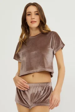 Set damă Cottonhill, tricou și short din catifea, Cafeniu