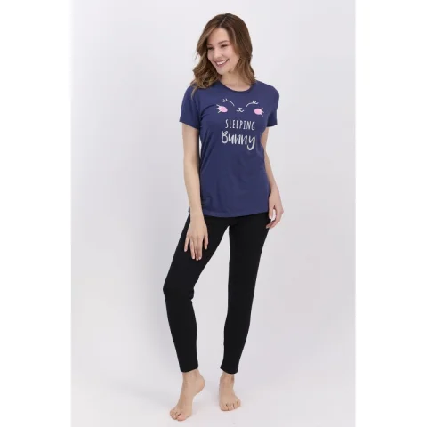Pijama damă din bumbac cu bluză cu mânecă scurtă și pantaloni lungi. imprimeu Sleeping Bunny, albastru