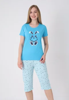 Pijama damă cu model de Paște, albastru deschis – tricou bumbac și pantaloni 3/4