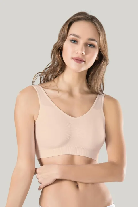 Bustiera dama elastica cu bretele groase, material lejer si elastic, culoare bej