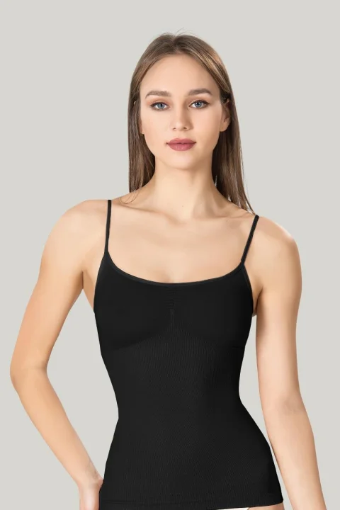 Maiou dama modelator in talie cu bretele subtiri, material moale, culoare negru