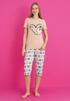 Pijama damă bumbac – tricou și pantaloni 3/4, imprimeu BE MINE