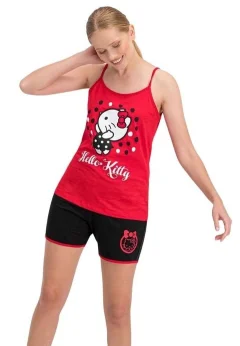 Pijama damă „Hello Kitty” – maiou roșu și pantaloni scurți negri, 100% bumbac