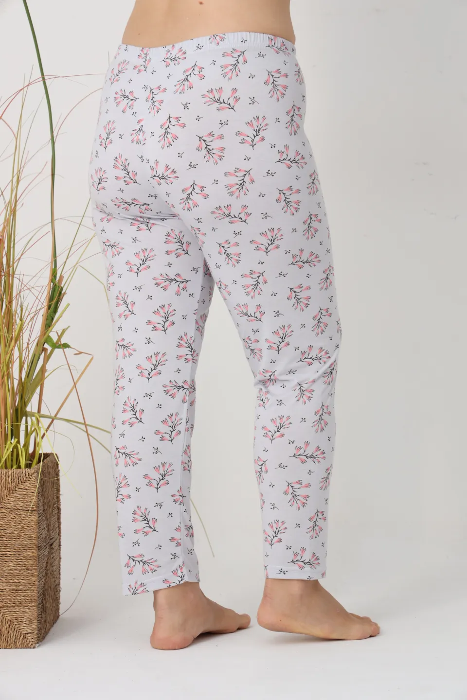 Pantaloni de pijama damă Big Size, turcoaz cu flori roz