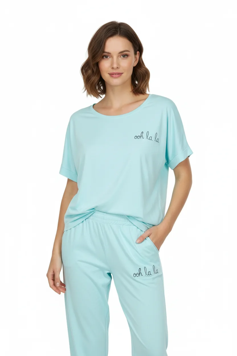 Set damă cu tricou și pantaloni lungi, bumbac- albastru deschis