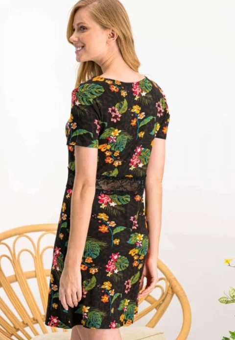 Rochie damă cu mânecă scurtă  și imprimeu floral, culoare negru