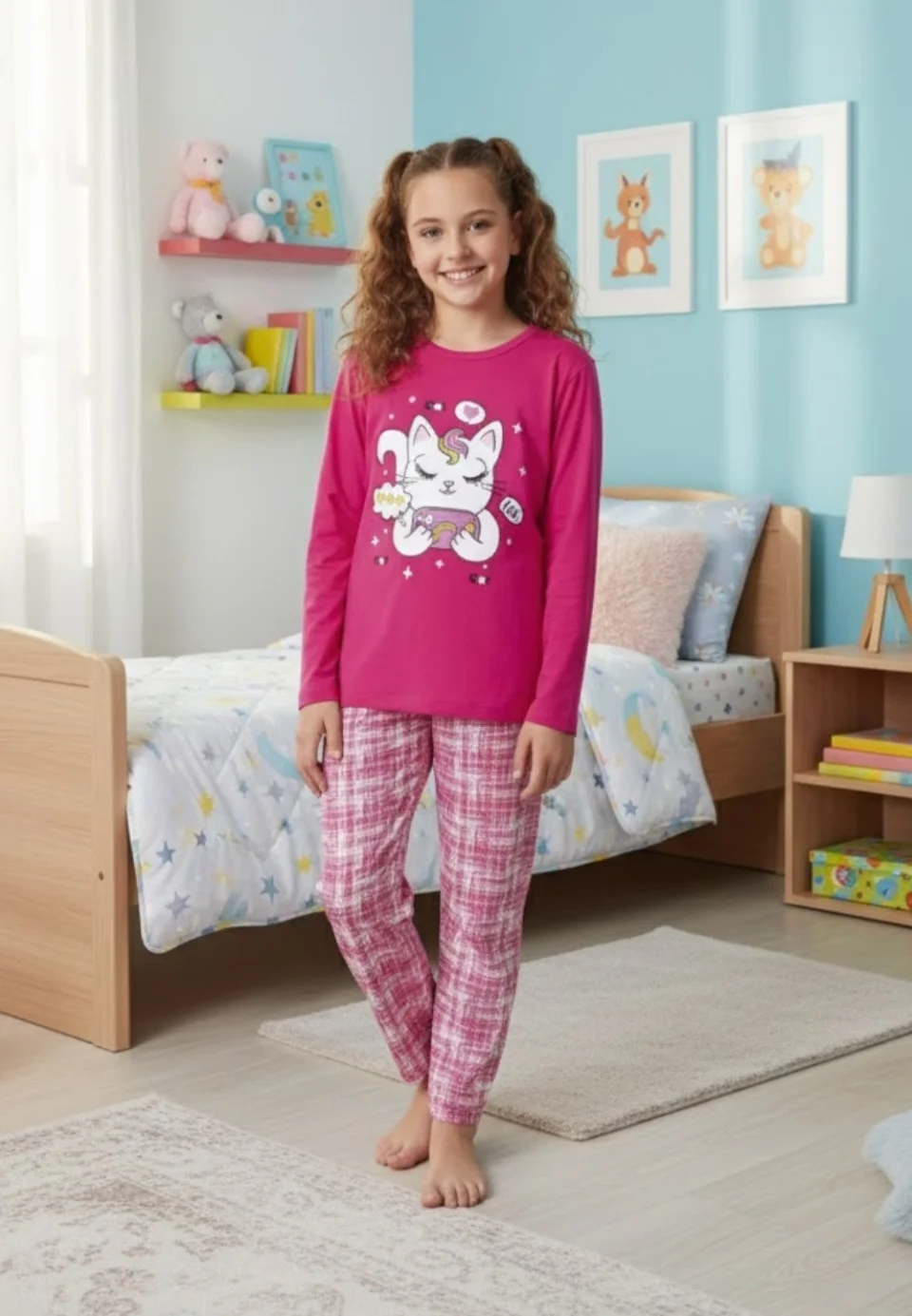 Pijama Fete, Mânecă Lungă, Pantaloni Lungi, Imprimeu Pisicuta, Roz