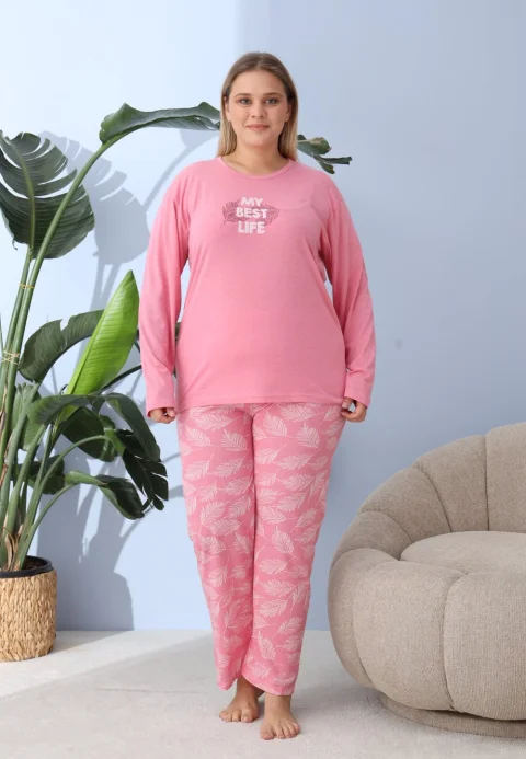 Pijama damă big size roz închis, imprimeu My Best Life, 100% bumbac
