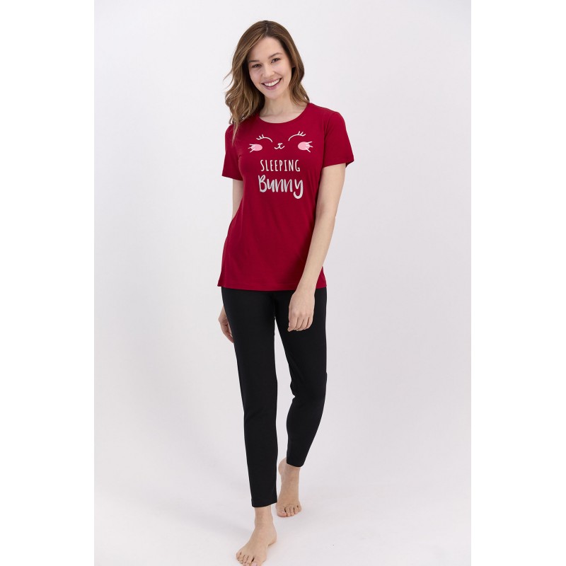 Pijama damă din bumbac cu bluză cu mânecă scurtă și pantaloni lungi. imprimeu Sleeping Bunny, rosu