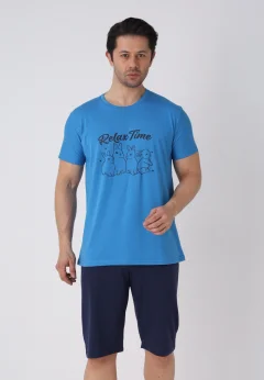 Pijama bărbați Paște, Albastru– tricou bumbac 100% și pantaloni 3/4