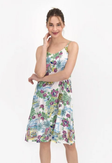 Rochie damă lejeră, cu bretele și decolteu în V, până la genunchi, imprimeu floral delicat