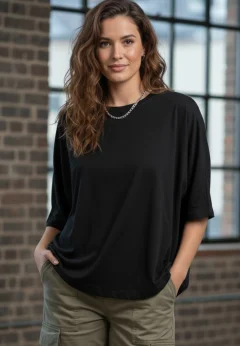 Tricou damă oversize negru cu mânecă fluture