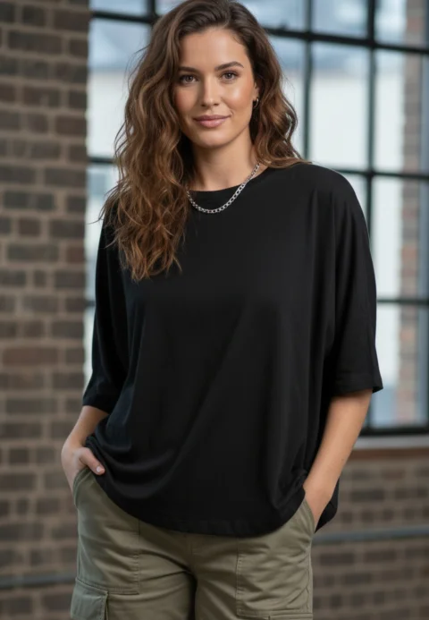 Tricou damă oversize negru cu mânecă fluture