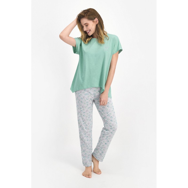 Pijama dama bumbac, bluza maneca scurta cu imprimeu scoici si pantaloni lungi, verde