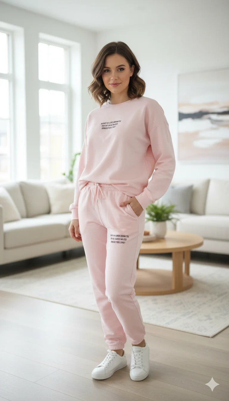 Trening damă roz pal din 2 piese – pantaloni lungi și bluză cu imprimeu text